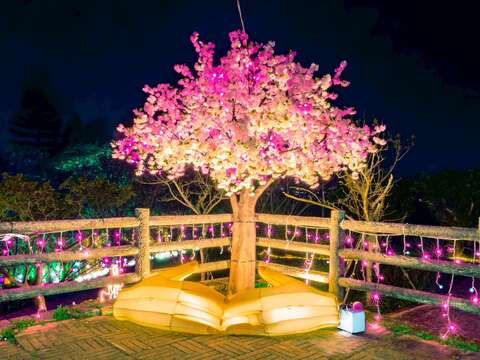 點作品「守護之手」以大型花燈塑造出一雙張開的手，承接著粉櫻樹，並結合AR互動體驗，民眾可看見櫻花在夜空中飄落的美景。圖/蘆竹區公所提供