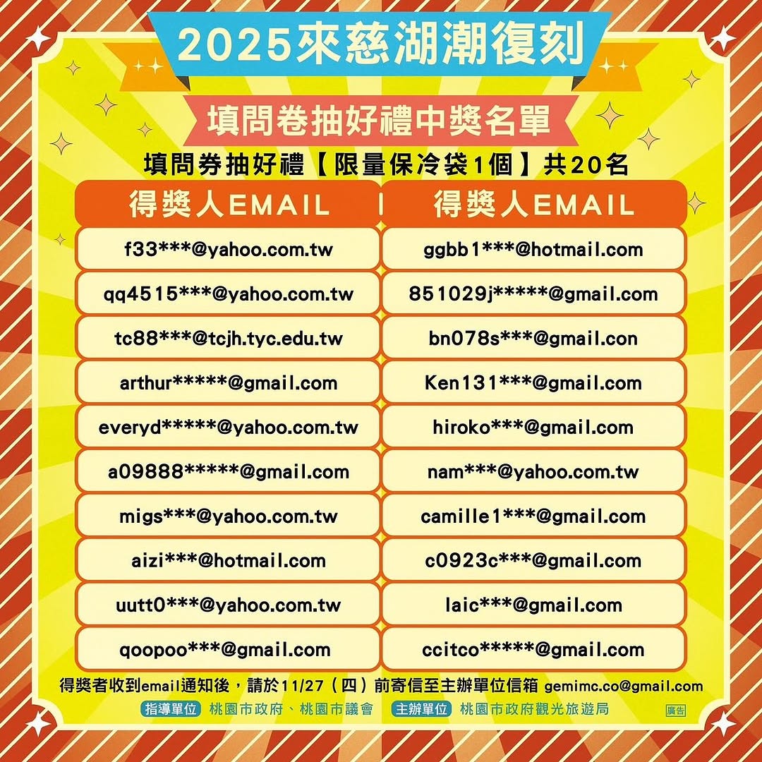 【來慈湖·潮復刻】填問卷抽好禮｜得獎名單公布來慈湖潮復刻活動完美落幕，感謝大家熱情參與填問卷抽好禮活動 幸運得主正式出爐啦～恭喜所...